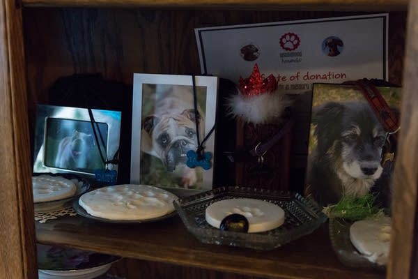 Photos, paw prints and dog tags sit on a shelf in the Hill's home.