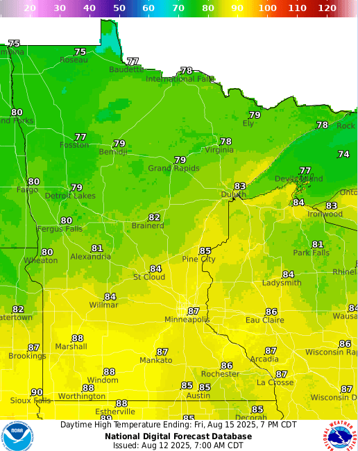 Forecast high temperatures Friday