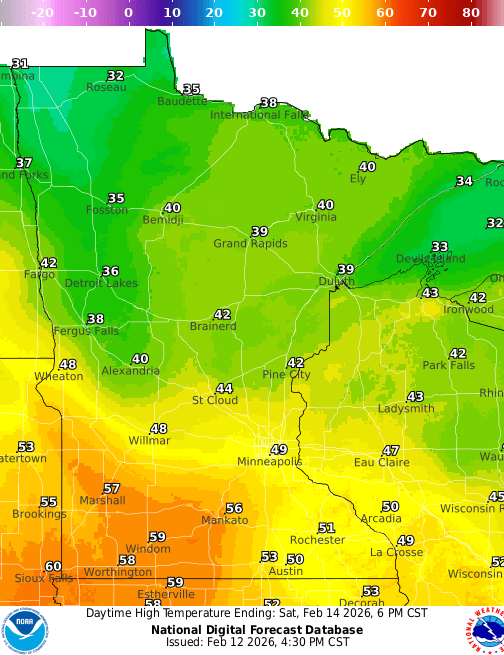 Forecast high temperatures Saturday