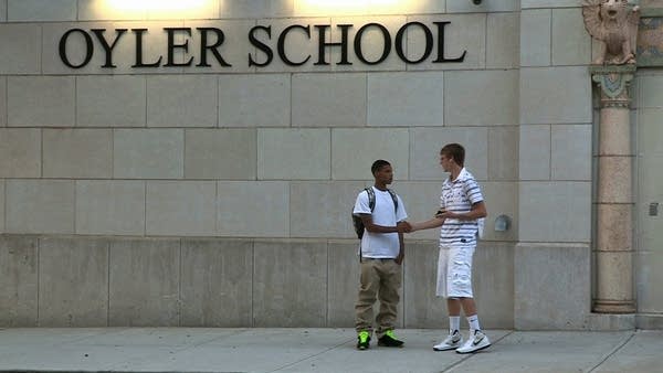 Students in front of Oyler School in Cincinnati. 