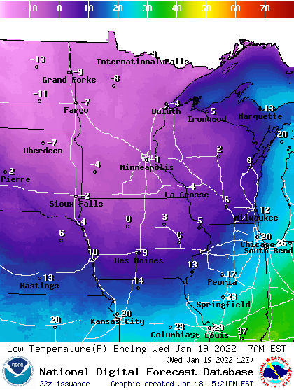 Forecast minimum temps Wednesday