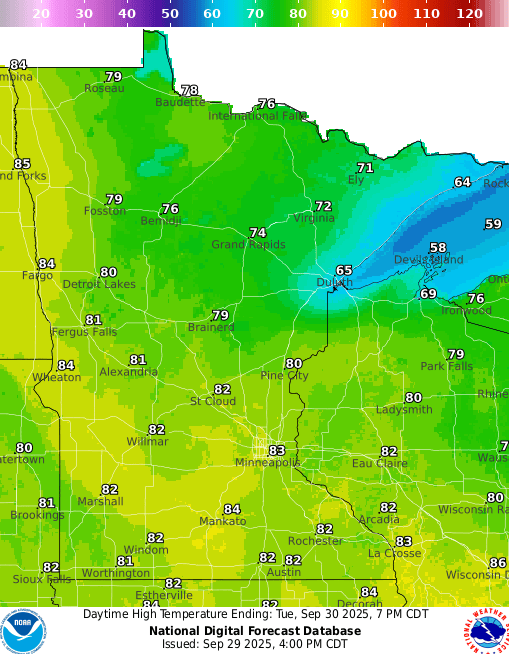 Forecast high temperatures Tuesday