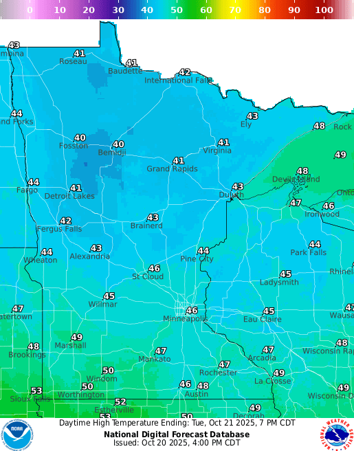 Forecast high temperatures Tuesday