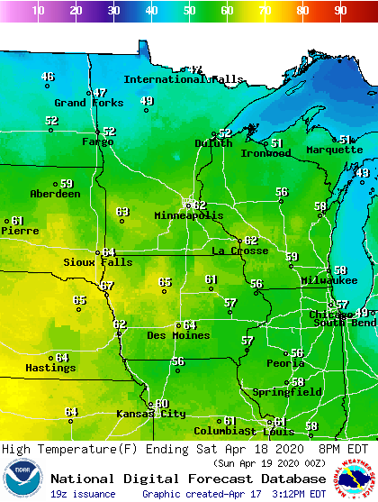 Forecast high temperatures Saturday