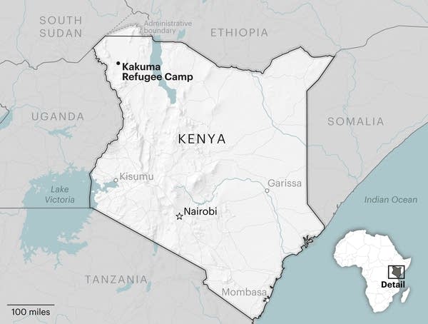 A map of Kenya, with a dot in the northeast of Kakuma Refugee Camp.