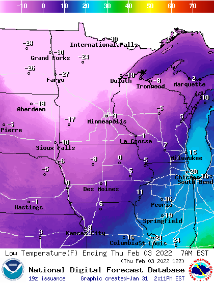 Forecast minimum temps Thursday