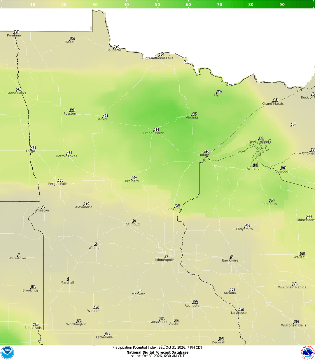 Map showing the National Digital Forecast Database precipitation potential index across Minnesota and surrounding areas on October 31, 2026.