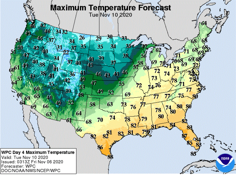 Forecast high temperatures on Tuesday