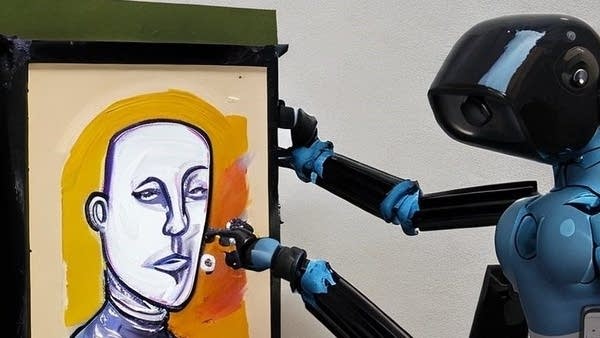 An image created in Stable Diffusion using the prompt "a robot painting a self portrait" (Stable Diffusion)