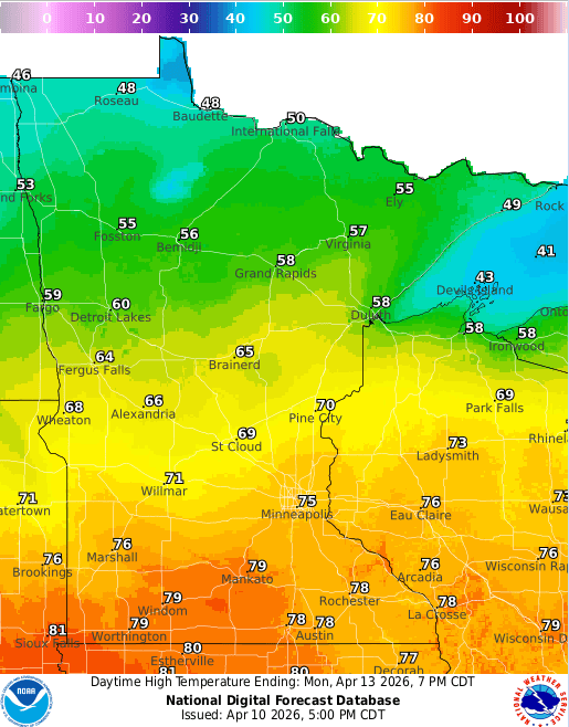 Forecast high temperatures Monday