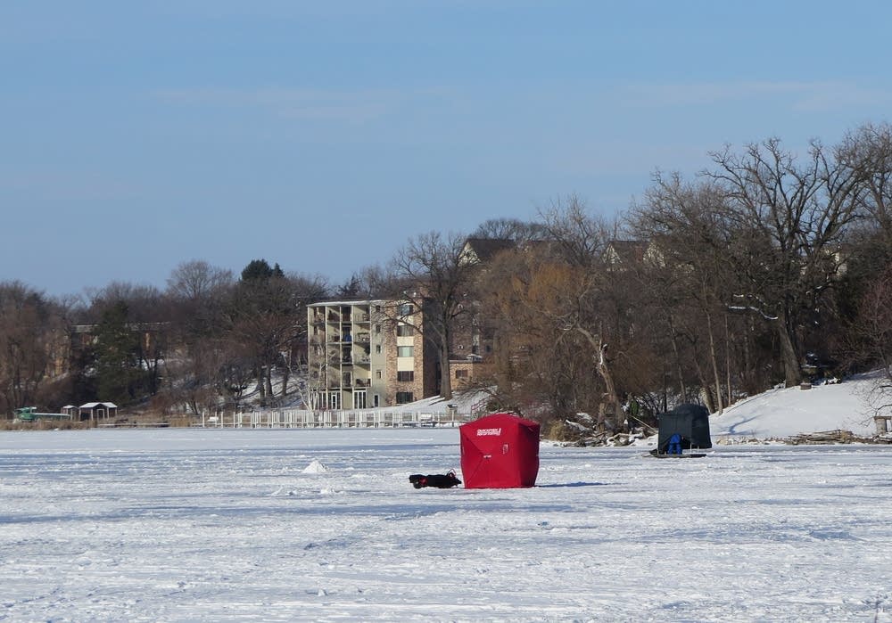 Lightweight fishing shelters on Lake Minnetonka