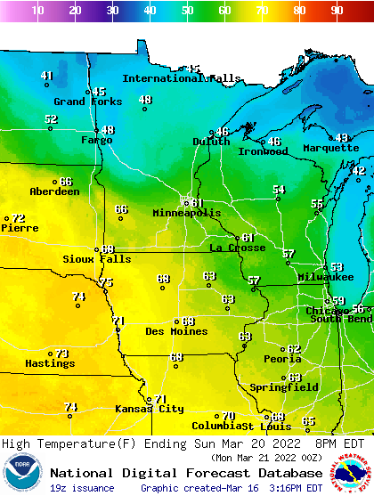 Forecast high temperatures Sunday