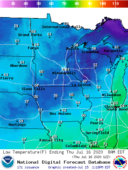 Forecast low temperatures Thursday morning