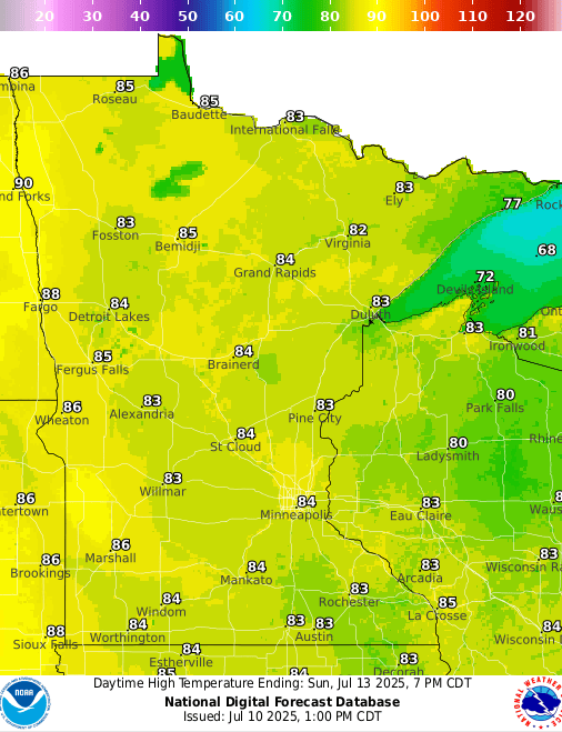 Forecast high temperatures Sunday