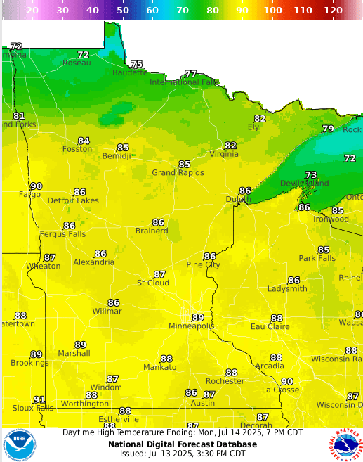 Forecast high temperatures Monday