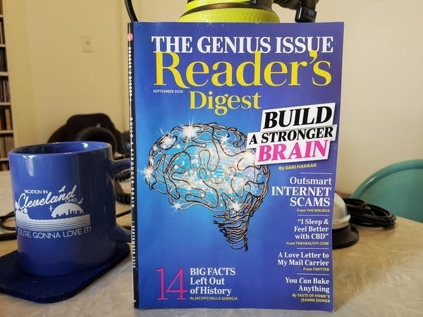 Sept 2020 issue of Reader's Digest on Andrew's desk. Cover features a brain