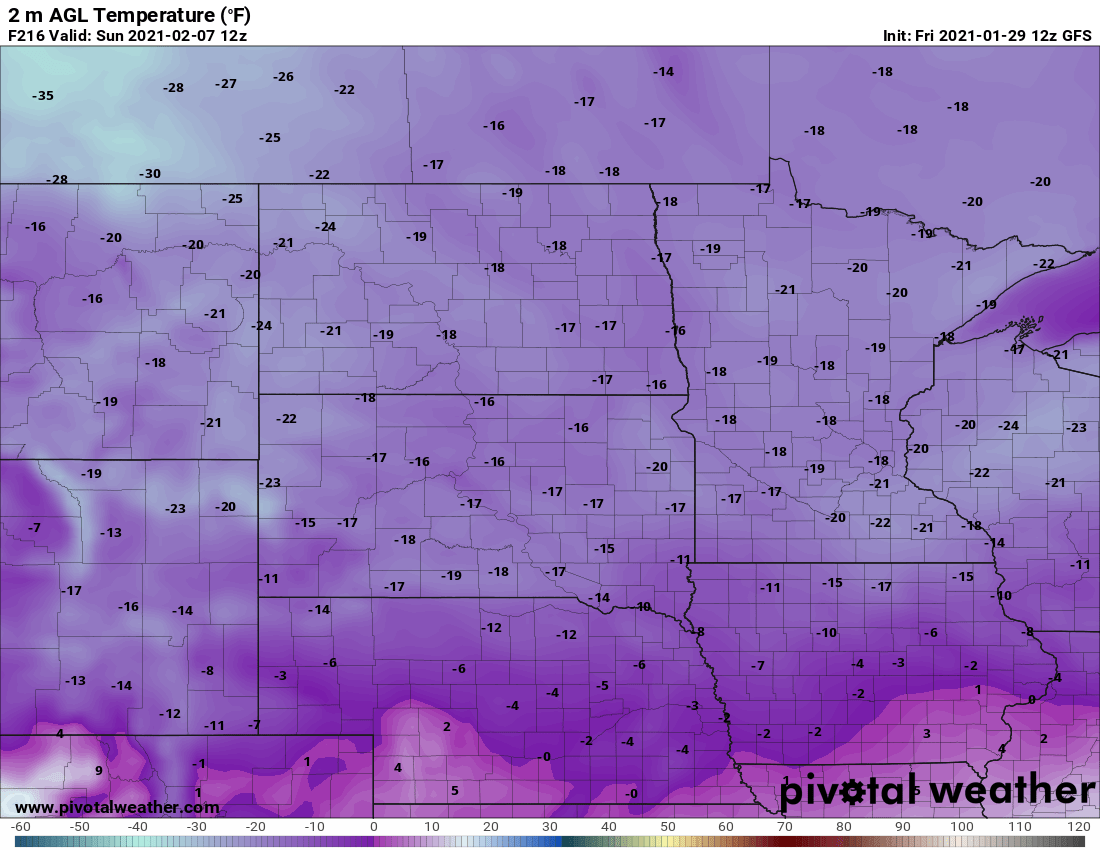 NOAA GFS temperature forecast for 6 am Sunday, February 7