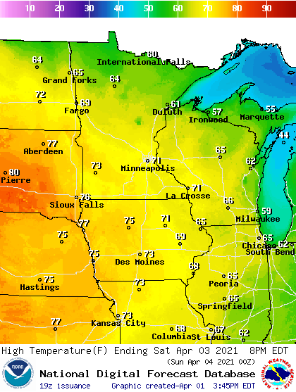 Forecast high temperatures Saturday