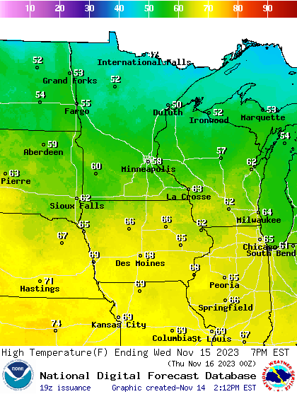 Forecast high temperatures Wednesday