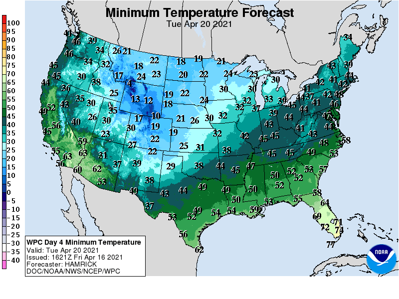 Forecast minimum temps Tuesday morning