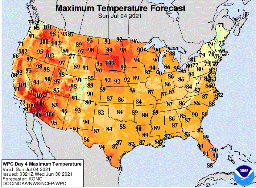 Forecast high temperatures for Sunday
