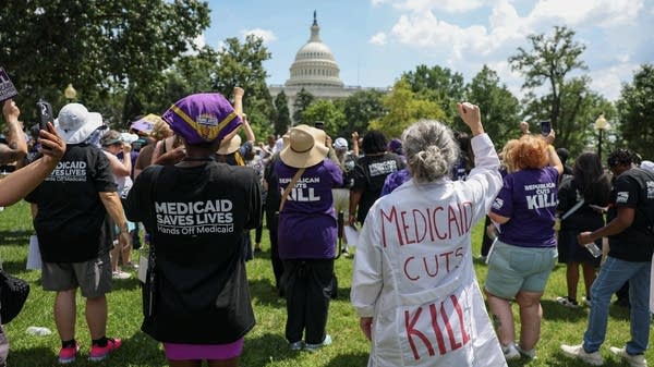 Care workers with the Service Employees International Union (SEIU) chant, rally outside the U.S. Capitol on June 26, 2025 in Washington, DC.
