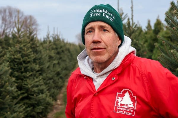 A man stands in a field of trees.