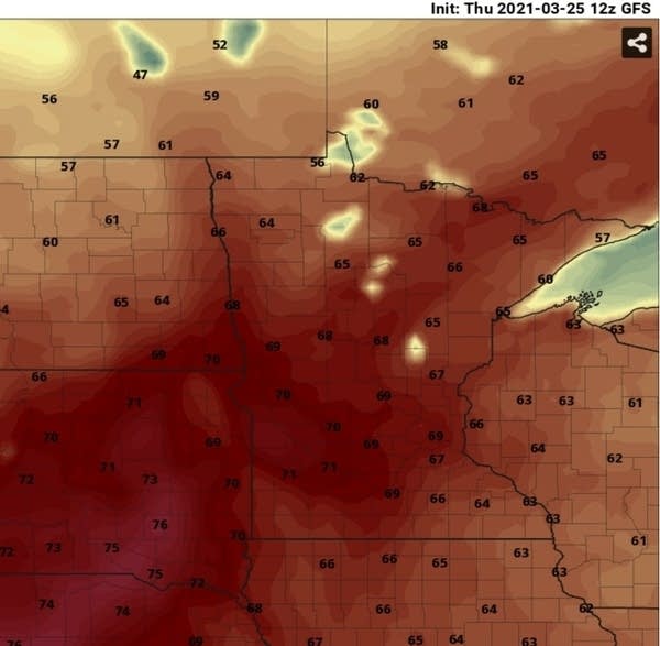 NOAA GFS temperature forecast for 3 pm Saturday April 3