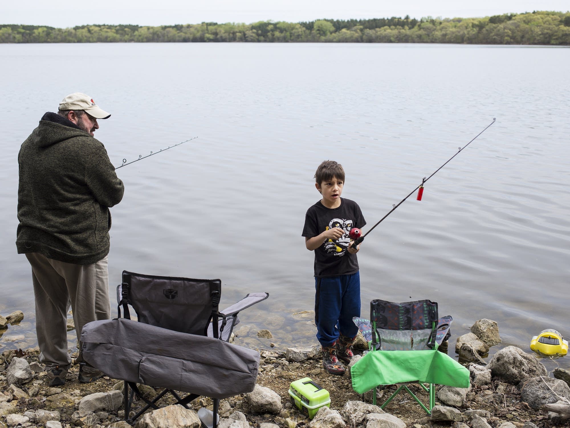 Hunter Johnson realizes his fishing line has become tangled