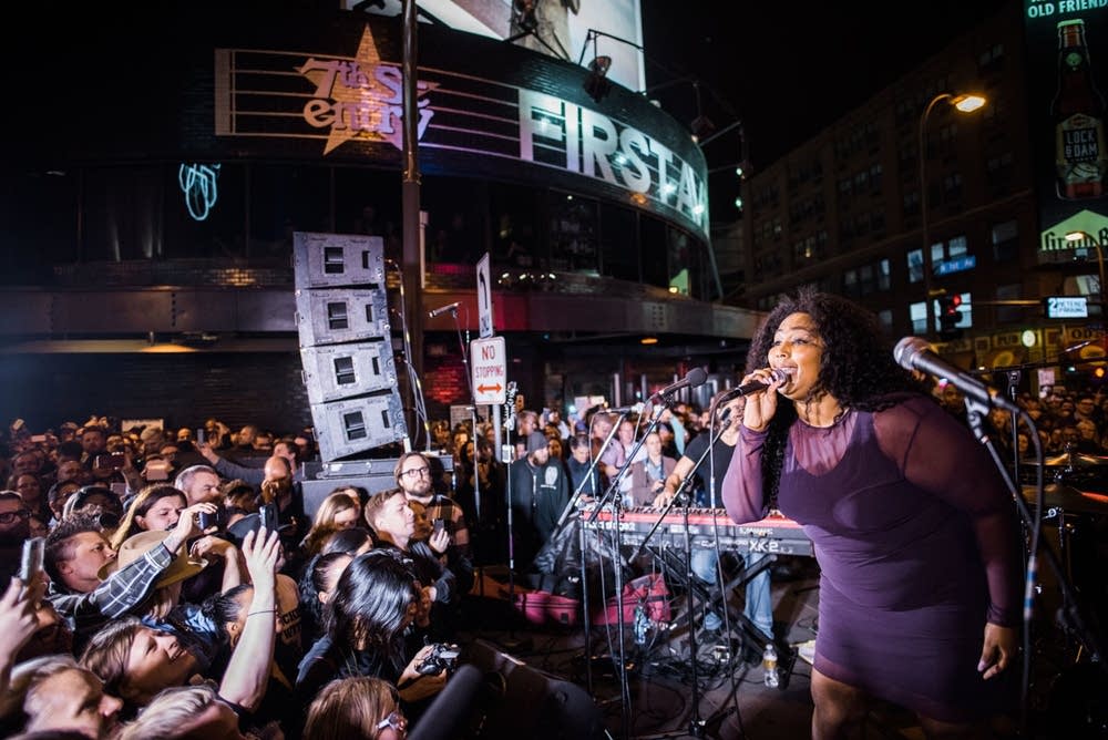 Lizzo performing outside First Avenue in 2016