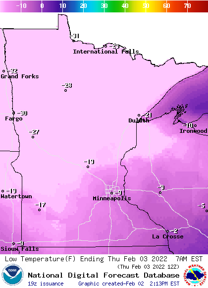 Forecast low temperatures Thursday morning