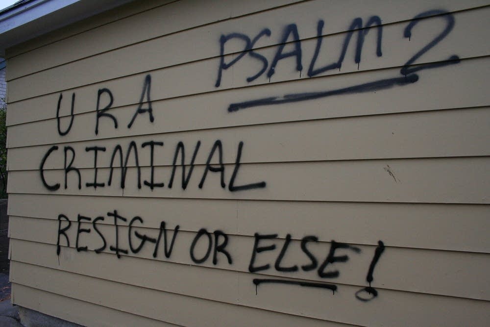 Graffiti on Sen. Norm Coleman's garage