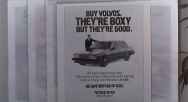 A still from the film Crazy People showing a fictional Volvo ad