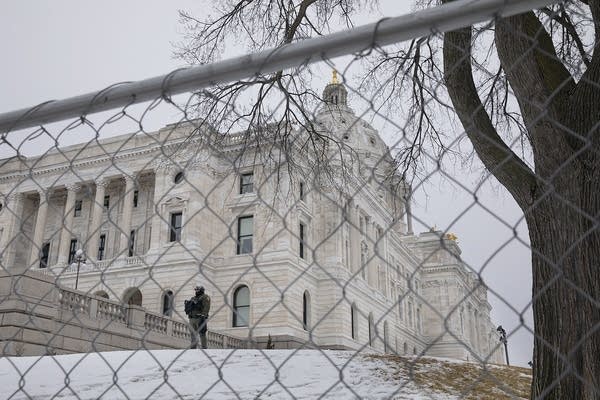 A person stands on the grounds in front of a capitol building.