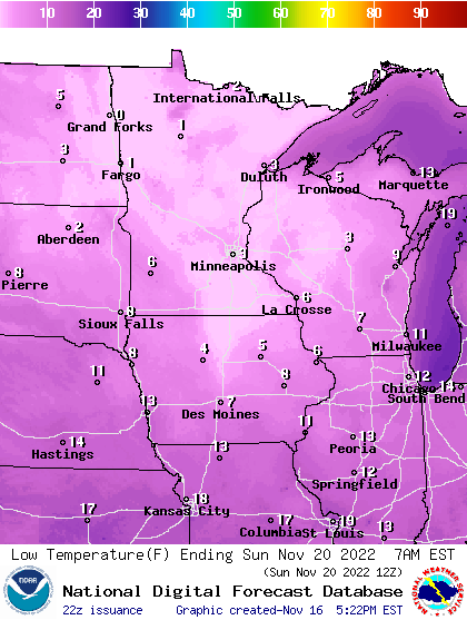 Forecast low temperatures Saturday morning