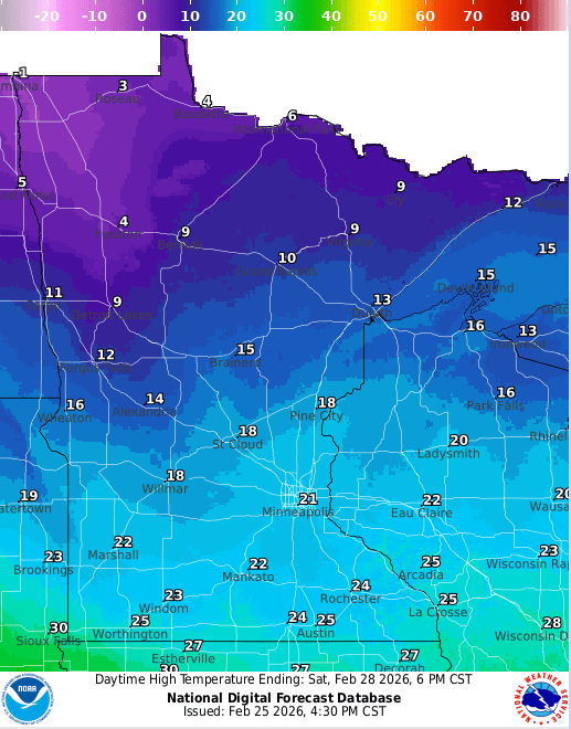 Forecast high temperatures Saturday