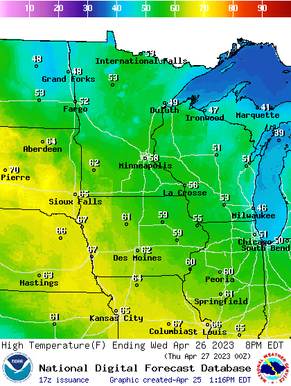 Forecast high temperatures Thursday