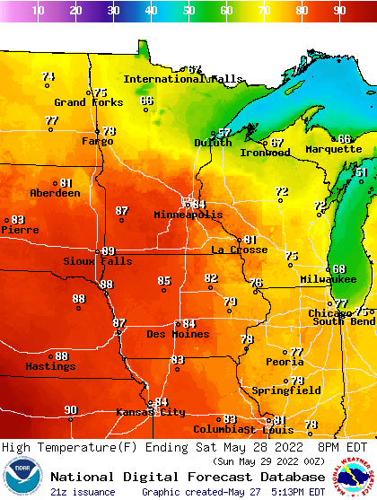 Forecast high temperatures Saturday