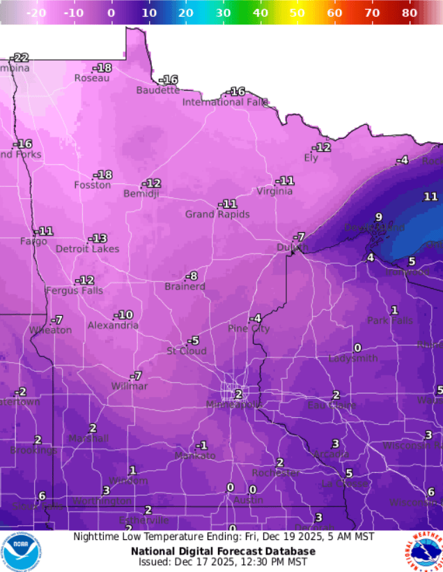 Forecast low temperatures Friday