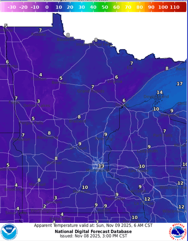 Wind chill forecast for Sunday