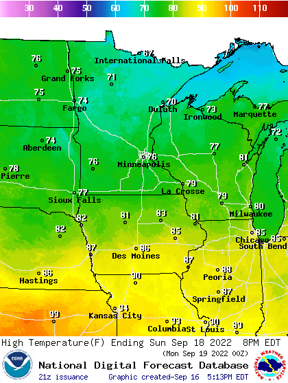 Forecast high temperatures Sunday