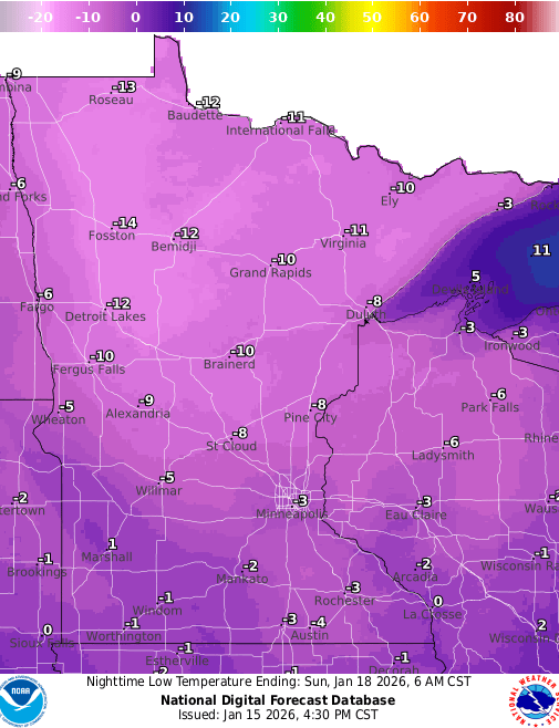 Forecast low temperatures Sunday