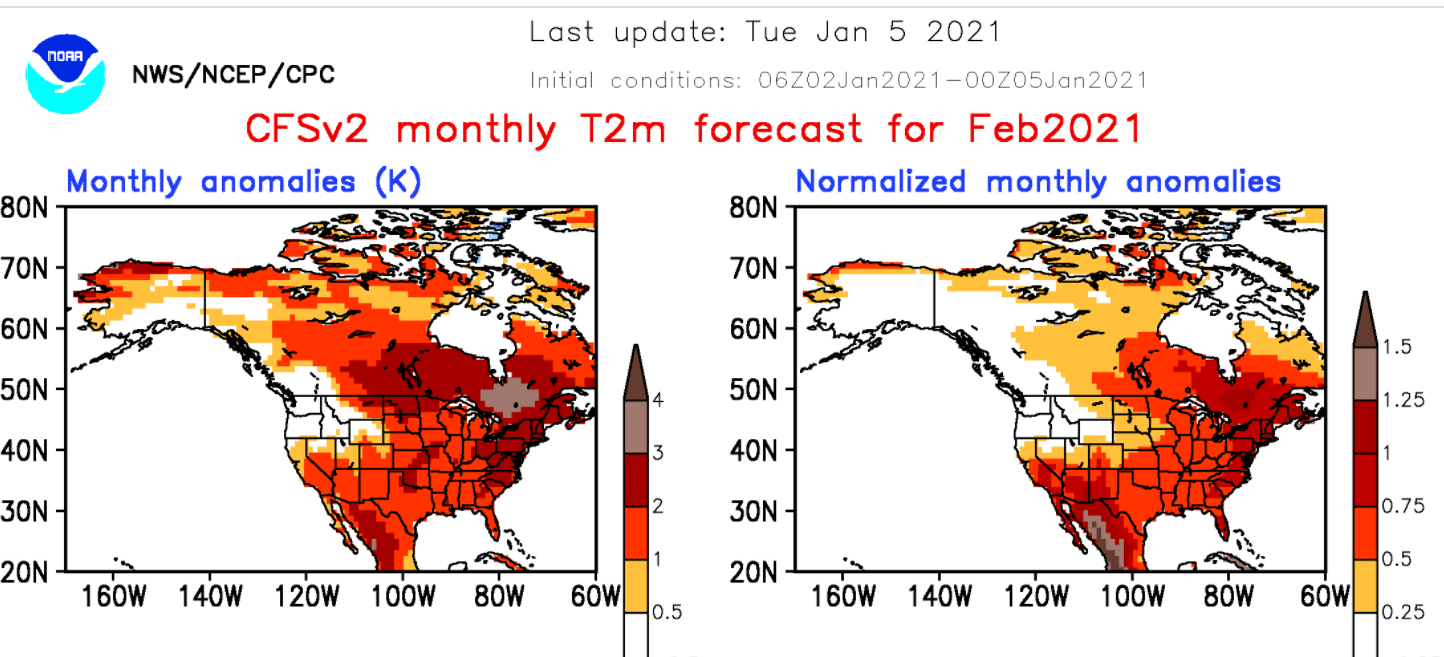 NOAA CFS2 temperature outlook for February 2021
