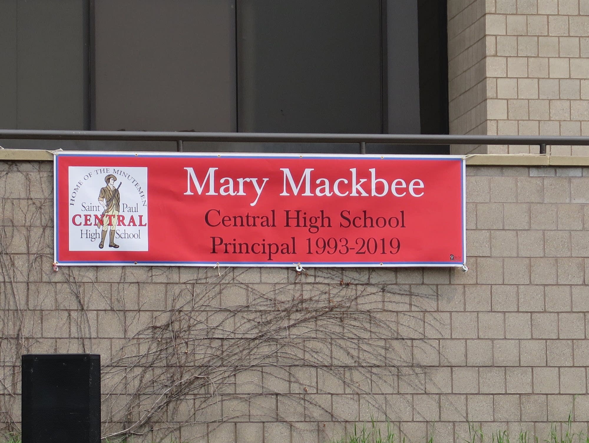A sign at St. Paul Central congratulates Principal Mary Mackbee