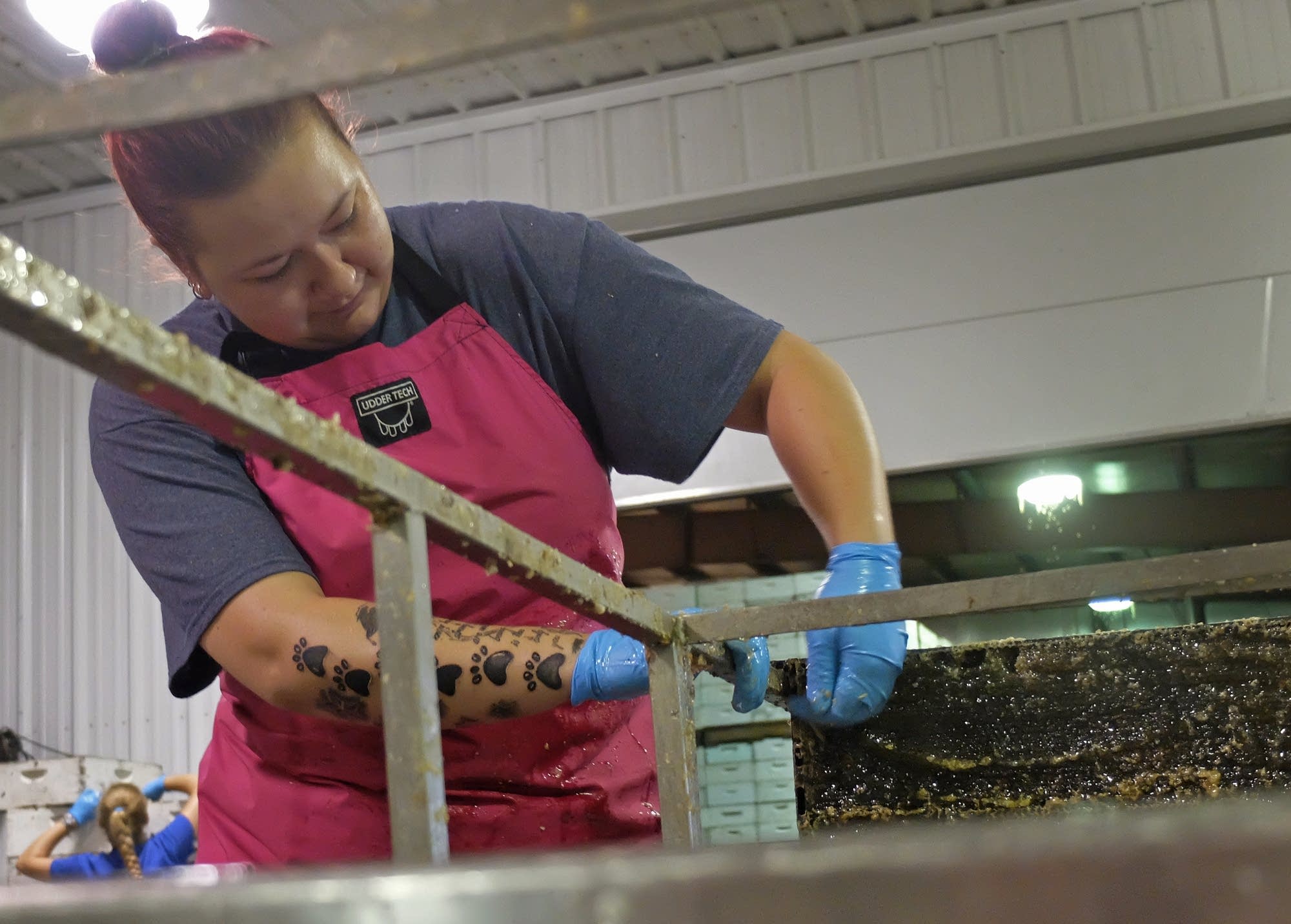 Michelle Esterhuizen loads honey comb on a rack.