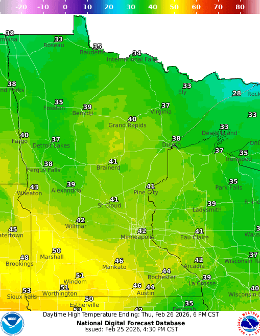 Forecast high temperatures Thursday