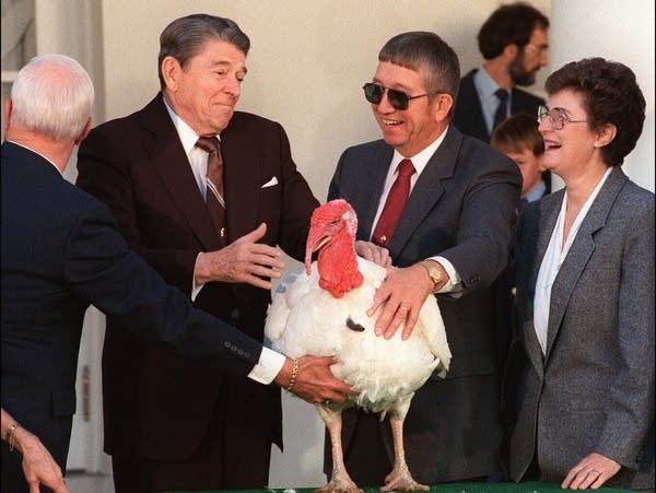 President Ronald Reagan is presented a turkey at the White House in 1988.