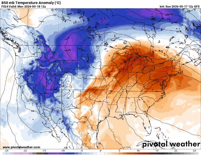 850 millibar temperature anomalies for Monday through Wednesday