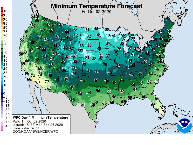 Forecast low temperatures Friday morning