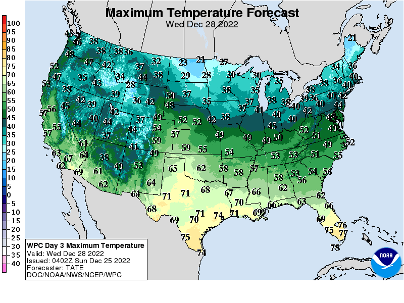 Forecast high temperatures for Wednesday